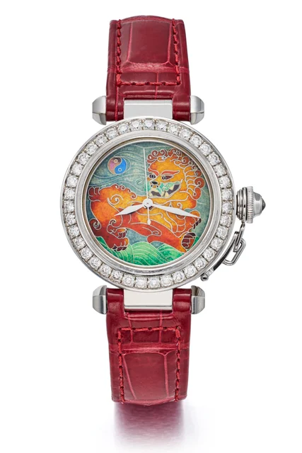 Cartier CARTIER REF. 2508, POLYCHROME CLOISONNÉ ENAMEL DIAL; “PASHA”, “IMPERIAL GUARDIAN L