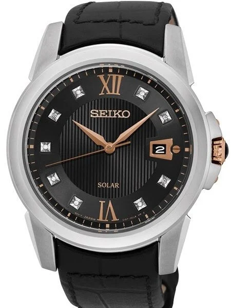 Seiko Grand Sport Solar Powered Watch with Nine Diamond Hour Markers #SNE427 kol saati