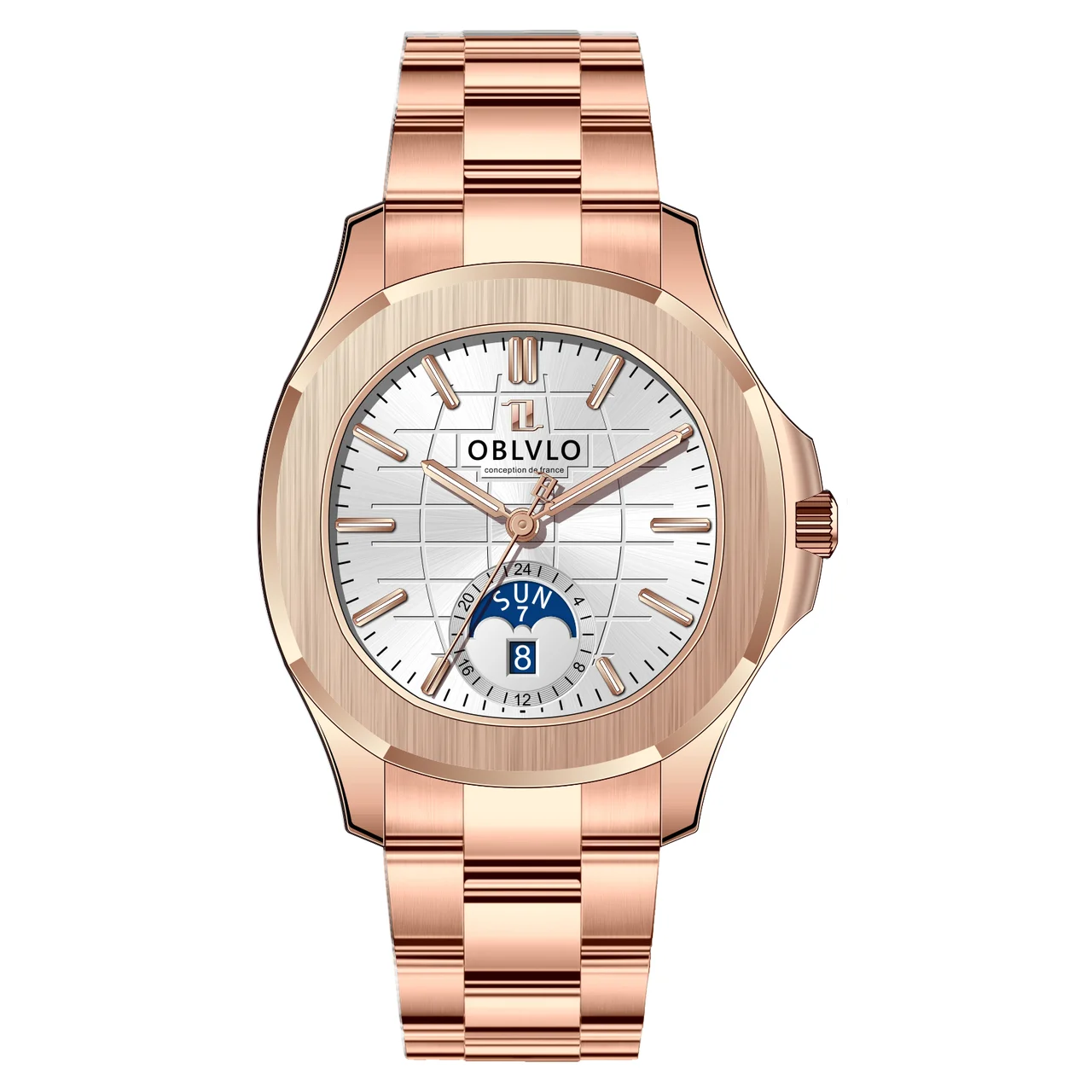 OBLVLO Gold Steel Strap,Rose Gold Bezel,White D FM Series,39mm,Rose Gold Steel Strap,Rose Gold Bezel,White D 39 mm kol saati