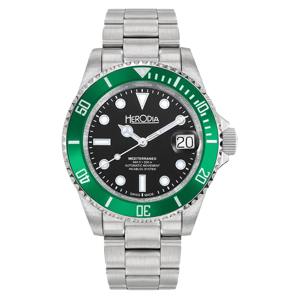Herodia Mediterraneo Swiss Automatic Dive watch with Black Dial #HMEDSGRBK.AC kol saati