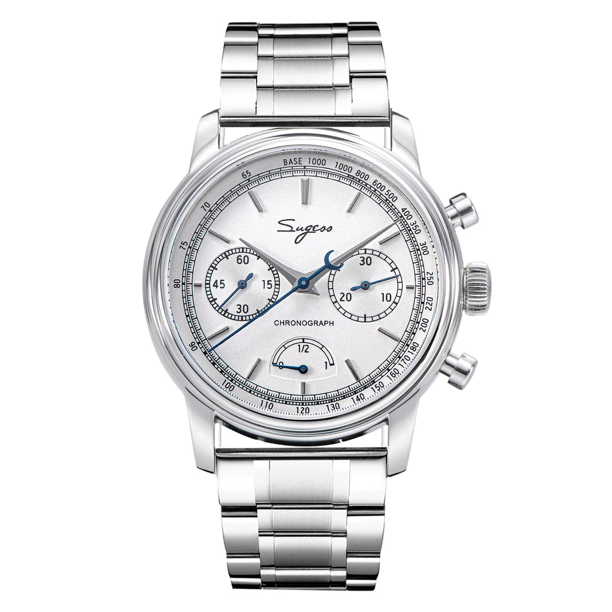 Sugess Chrono Master S438 White Dial Power Reserve Indicator Bracel 41 mm kol saati
