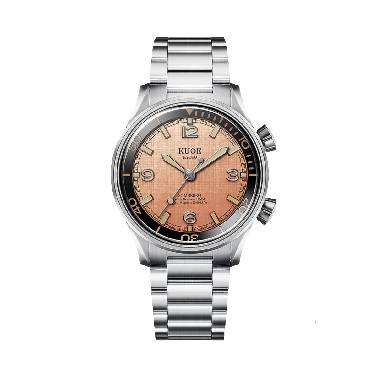 Kuoe Kyoto SOMBRERO 38mm - Salmon Pink on Flat-Link Bracelet w/ Additional Leather Strap sm90011-sal-flat 38 mm kol saati