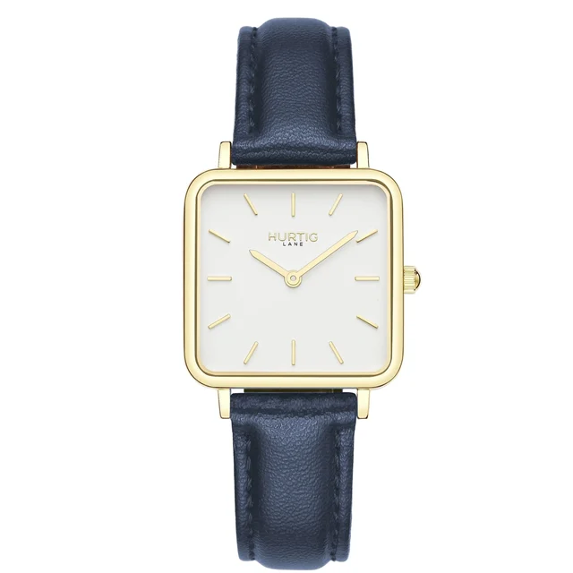 Hurtig Lane Vegan Watches Neliö Square Vegan Leather Watch Gold, White & Midnight Blue kol