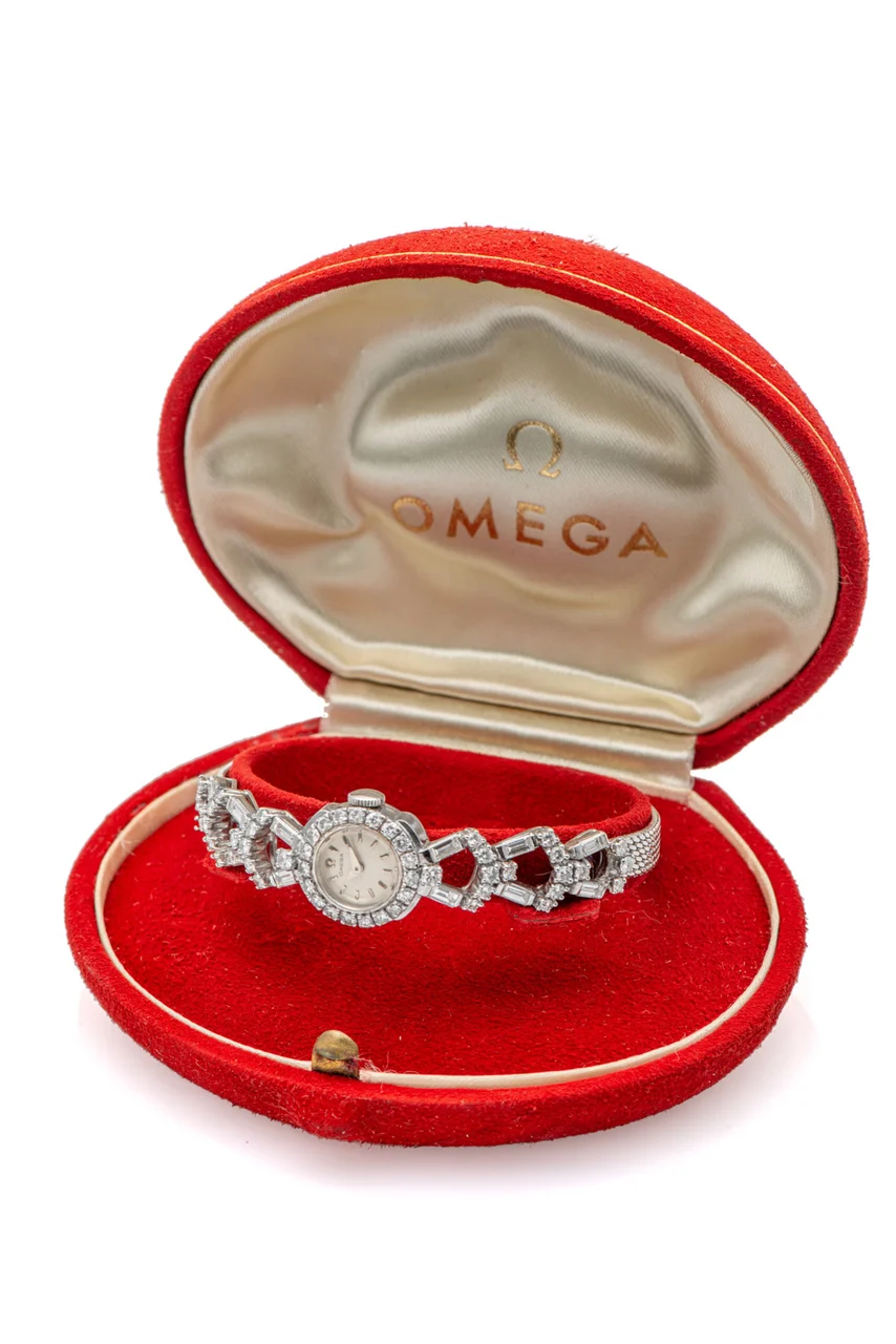 OMEGA OMEGA, REF. 7057, BAGUETTE DIAMONDS, WHITE GOLD kol saati