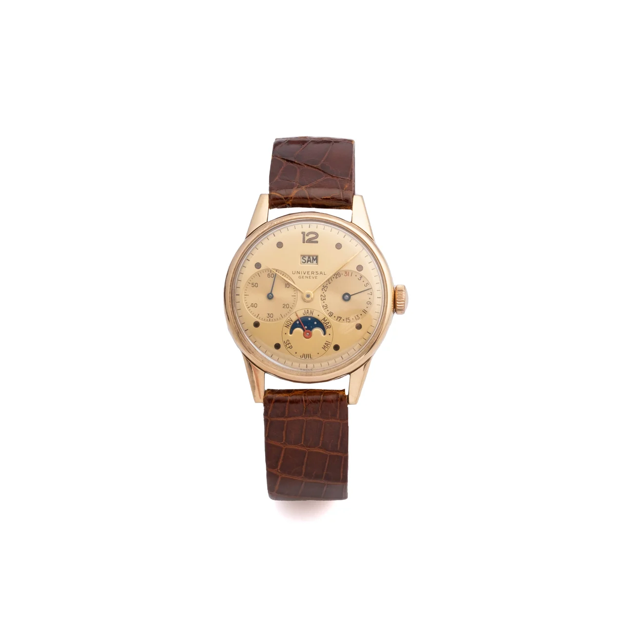 Universal Ref. 11303, triple date à guichet (with aperture), moon phases, calibre 291, champagne dial; “Dato-fix”; 18K pink gold kol saati