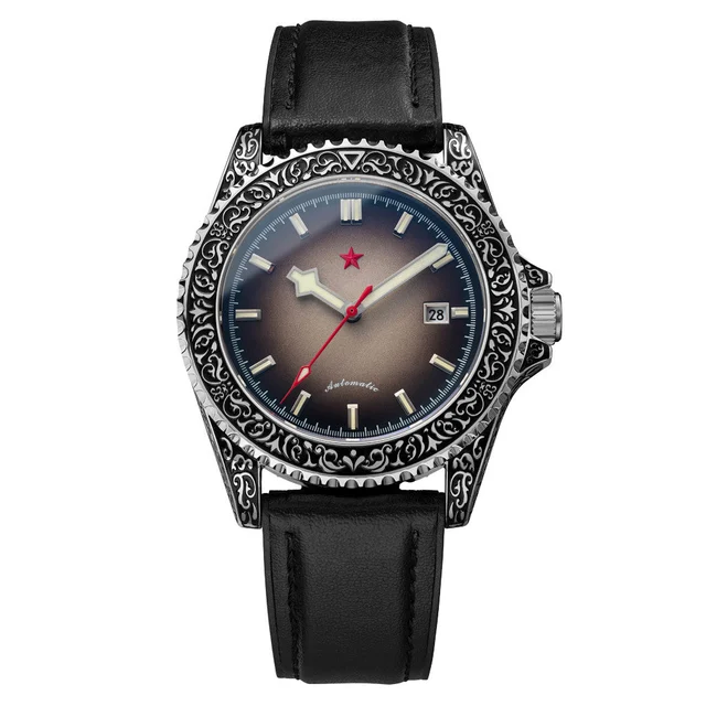 Red Star Artisan Engraved Case Automatic Diver #8912G-A kol saati