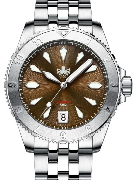 Phoibos Brown Voyager 2.0 Automatic Dive Watch with Double Dome AR Sapphire Crystal #PY026D 40 mm kol saati