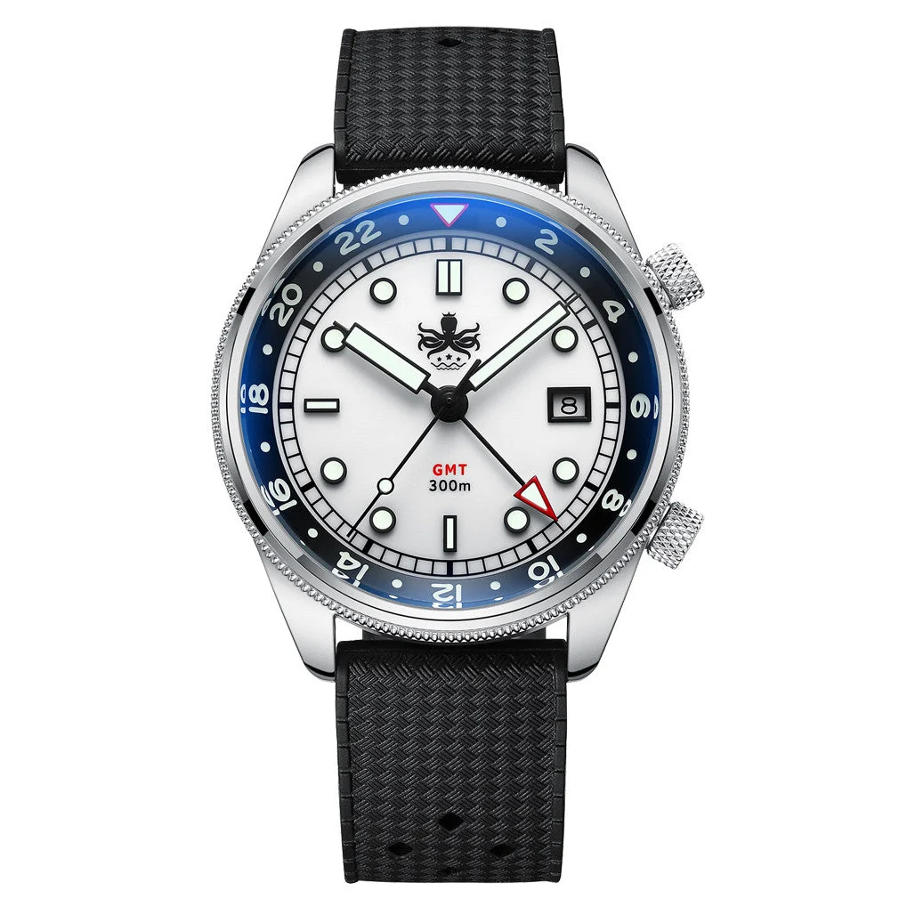 Phoibos Eagle Ray 300-Meter Dual-Time GMT Dive Watch with White Dial #PX023G 41 mm kol saati