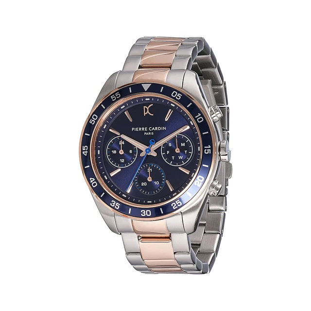 NATION Cristal Men’s 42mm Multifunction Watch - Two-Tone Silver & Rose Gold Case, Blue Dia