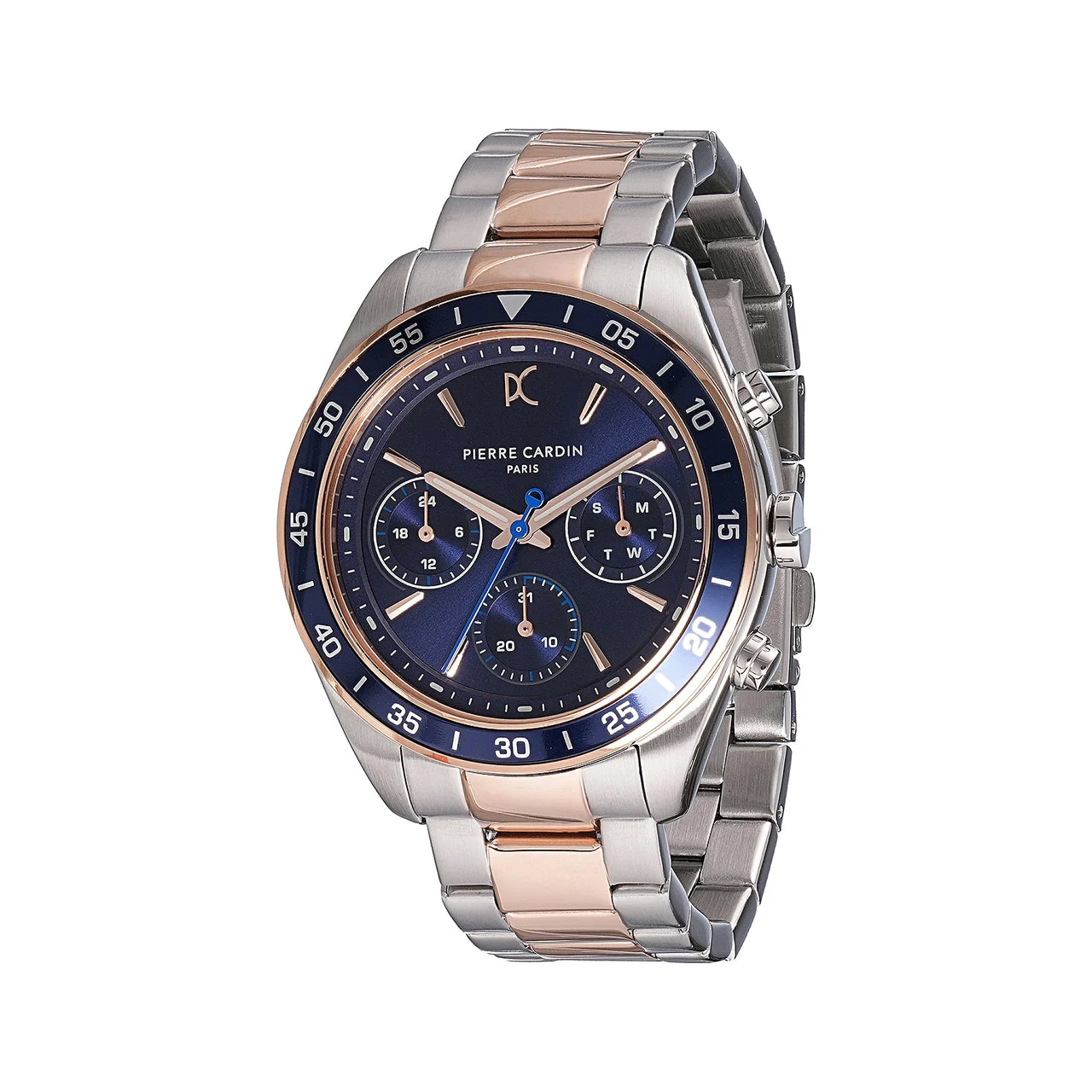 NATION Cristal Men’s 42mm Multifunction Watch - Two-Tone Silver & Rose Gold Case, Blue Dial, Blue Bezel with Two-Tone Silver & Rose Gold Metal Strap CF.1004.MU 42 mm kol saati
