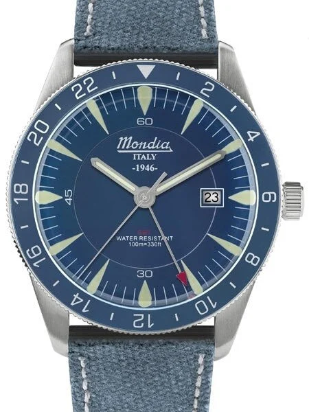Mondia Quartz GMT Dual-Time Watch with Blue Dial #MI759SS-02BL-CF kol saati