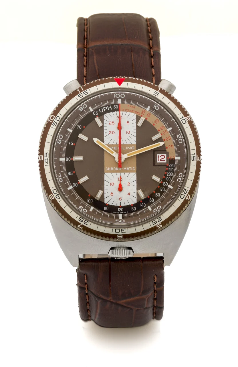 Breitling BREITLING REF. 2117 BULLHEAD TACHOMETER CHRONO-MATIC BROWN DIAL AND BEZEL Very rare, fine and unusual, self-winding, water-resistant, asymmetric, stainless steel wristwatch with round-button chronograph. kol saati
