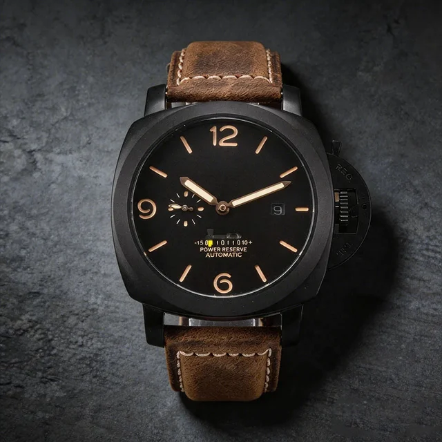 Tandorio Watches Radiomir Mod Watch ST2533 Movement Luminous Dial mineral crystal PVD Blac