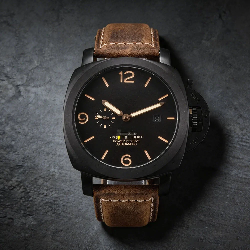 Tandorio Watches Radiomir Mod Watch ST2533 Movement Luminous Dial mineral crystal PVD Black sub second 12000058448529153 49 mm kol saati