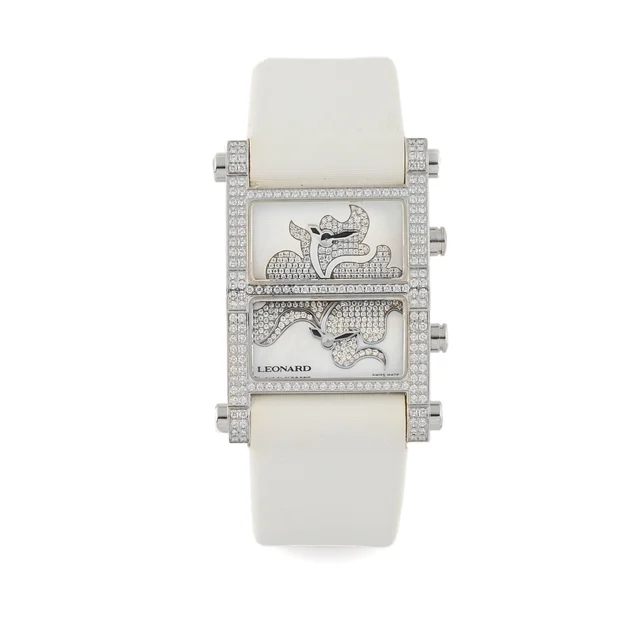 Leonard Montres Ref. DT2Q6, quartz, two-time zone, mother-of-pearl dial; “Dual Time”; stai