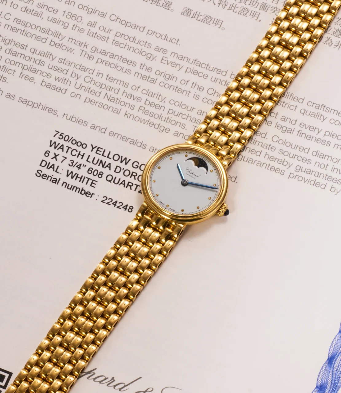 Chopard Ref. D7012-M-YB, moon phases, integrated bracelet; “Luna d’Oro”; 18K yellow gold (“ ”) kol saati