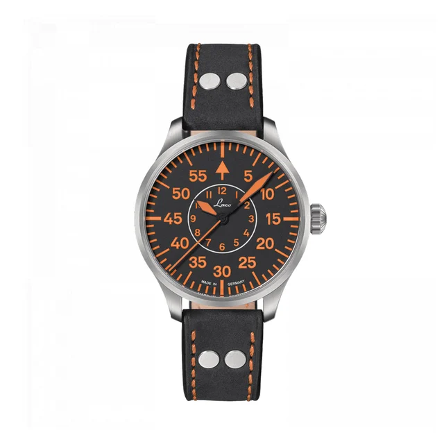 Laco Pilot Watch Basic Palermo Automatic 39mm - Black/Orange on Leather Strap 862130 kol s