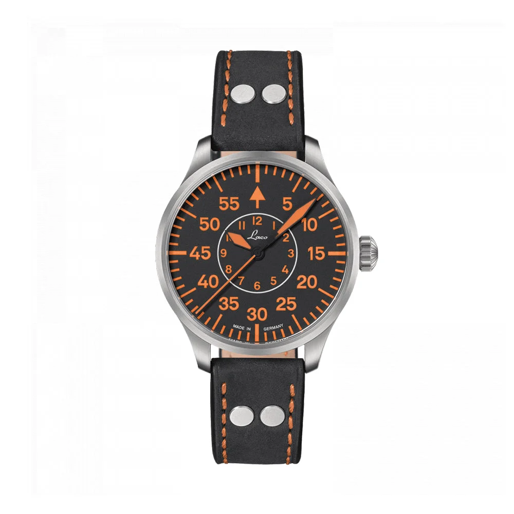 Laco Pilot Watch Basic Palermo Automatic 39mm - Black/Orange on Leather Strap 862130 39 mm kol saati
