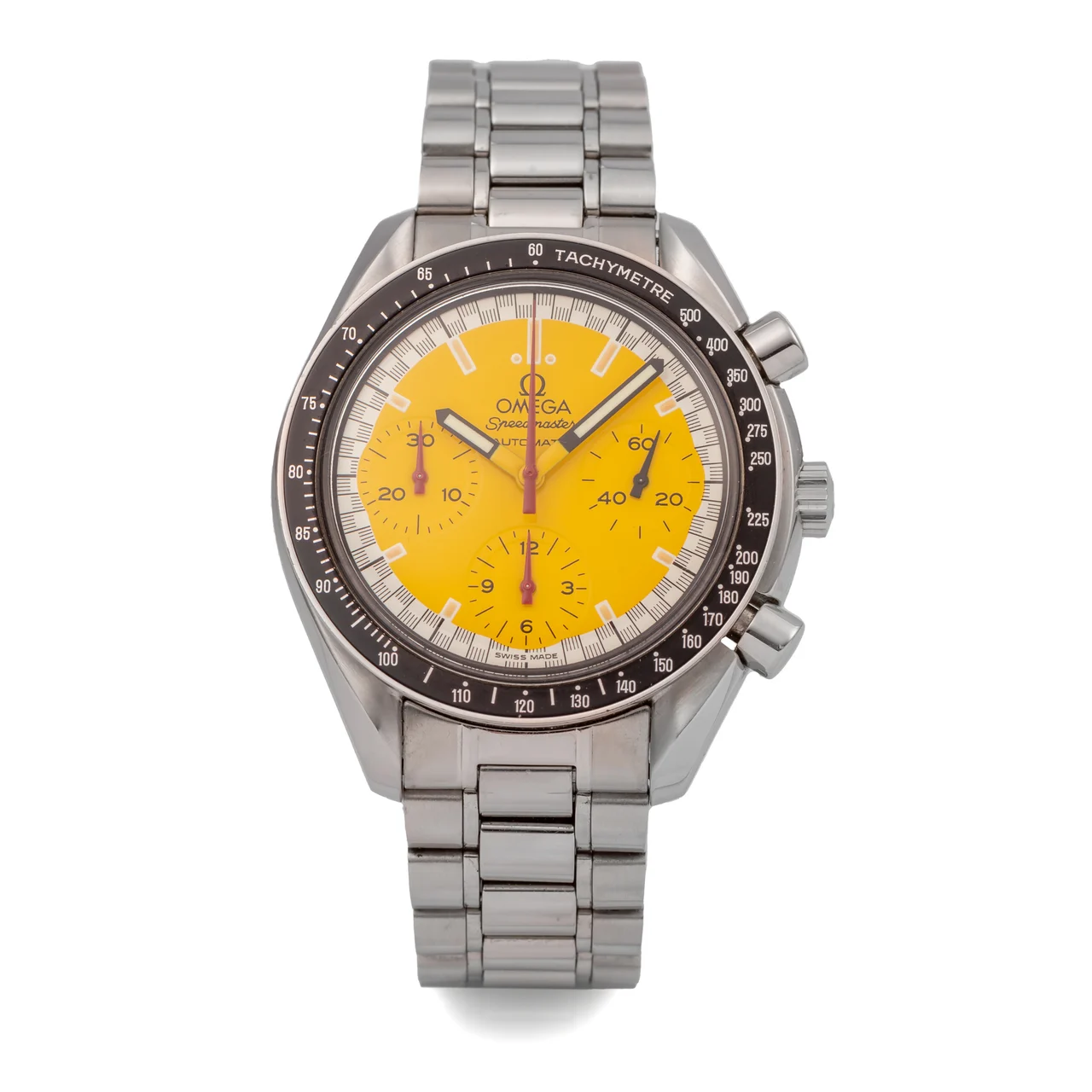 OMEGA OMEGA REF. 3510.12.00, SELF-WINDING, CHRONOGRAPH, MINUTE AND HOUR COUNTERS; “SPEEDMASTER REDUCED”, SO-CALLED “YELLOW SCHUMACHER”; STAINLESS STEEL 39 mm kol saati