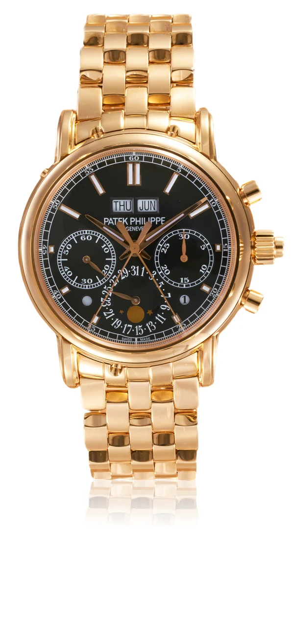 Patek Philippe Ref. 5204/1R, split-seconds chronograph, minute recorder, perpetual calendar, leap-year indication, moon phases, AM-PM indication, black dial; 18K pink gold kol saati