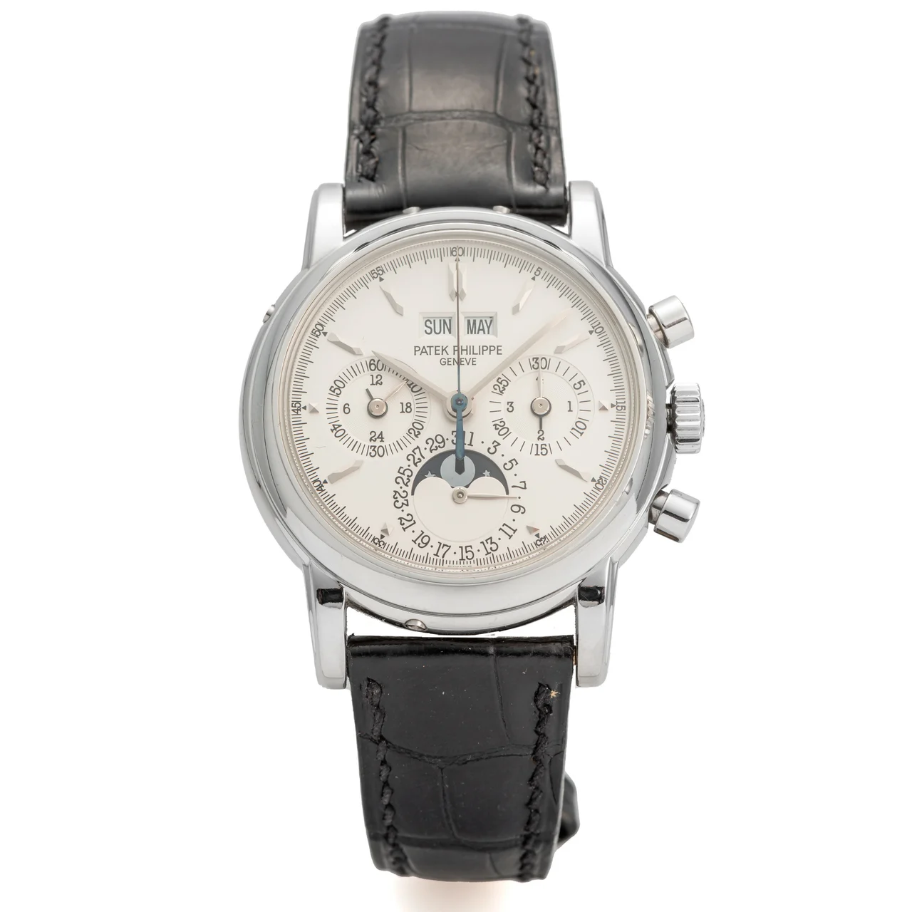 Patek Philippe PATEK PHILIPPE REF. 3970EP, SECOND SERIES, PERPETUAL CALENDAR CHRONOGRAPH, SILVER DIAL, EXTRA BLACK DIAMOND INDEX DIAL, PLATINUM kol saati