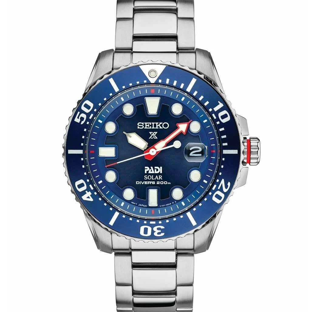 Seiko Special Editon Prospex PADI Solar Dive Watch with Stainless Steel Bracelet #SNE549 44 mm kol saati