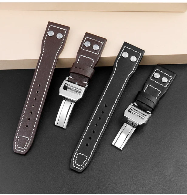 Watchdives Genuine Leather Rivets Watchband For Big Pilot Watch WG-p18-黑色-21mm-银叠 kol saat