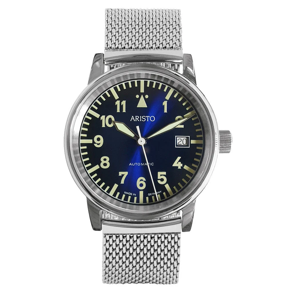 Aristo Blue Dial Flight Watch with Mesh Bracelet and a Sapphire Crystal #4H251-M 38.5 mm kol saati