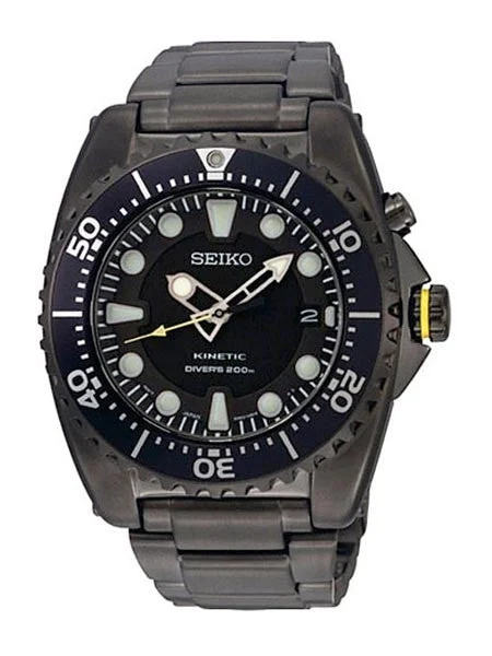 Seiko Kinetic Black Ion-Plated 43mm Dive Watch with Power Reserve #SKA427P1 kol saati