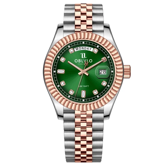 OBLVLO Gold Steel Strap ,Green Dial RX-VJ-T RX Series,39mm,Two-tone Gold Steel Strap ,Gree