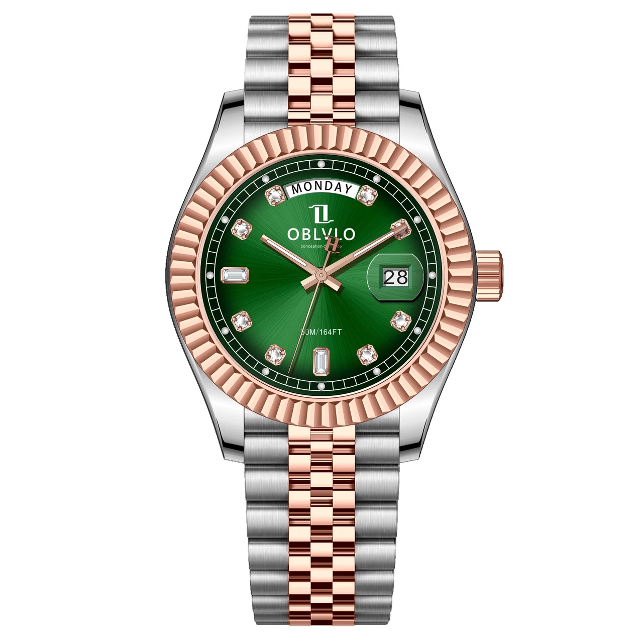 OBLVLO Gold Steel Strap ,Green Dial RX-VJ-T RX Series,39mm,Two-tone Gold Steel Strap ,Green Dial RX-VJ-T 39 mm kol saati