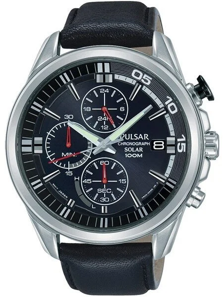 Pulsar Solar Quartz Chronograph Watch with Stopwatch and 24-Hour Sub-Dial #PZ6023 kol saat