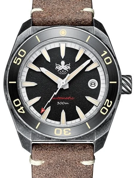 Phoibos Black Proteus 300-Meter Automatic Dive Watch with AR Double Dome Sapphire Crystal #PY028C 42 mm kol saati