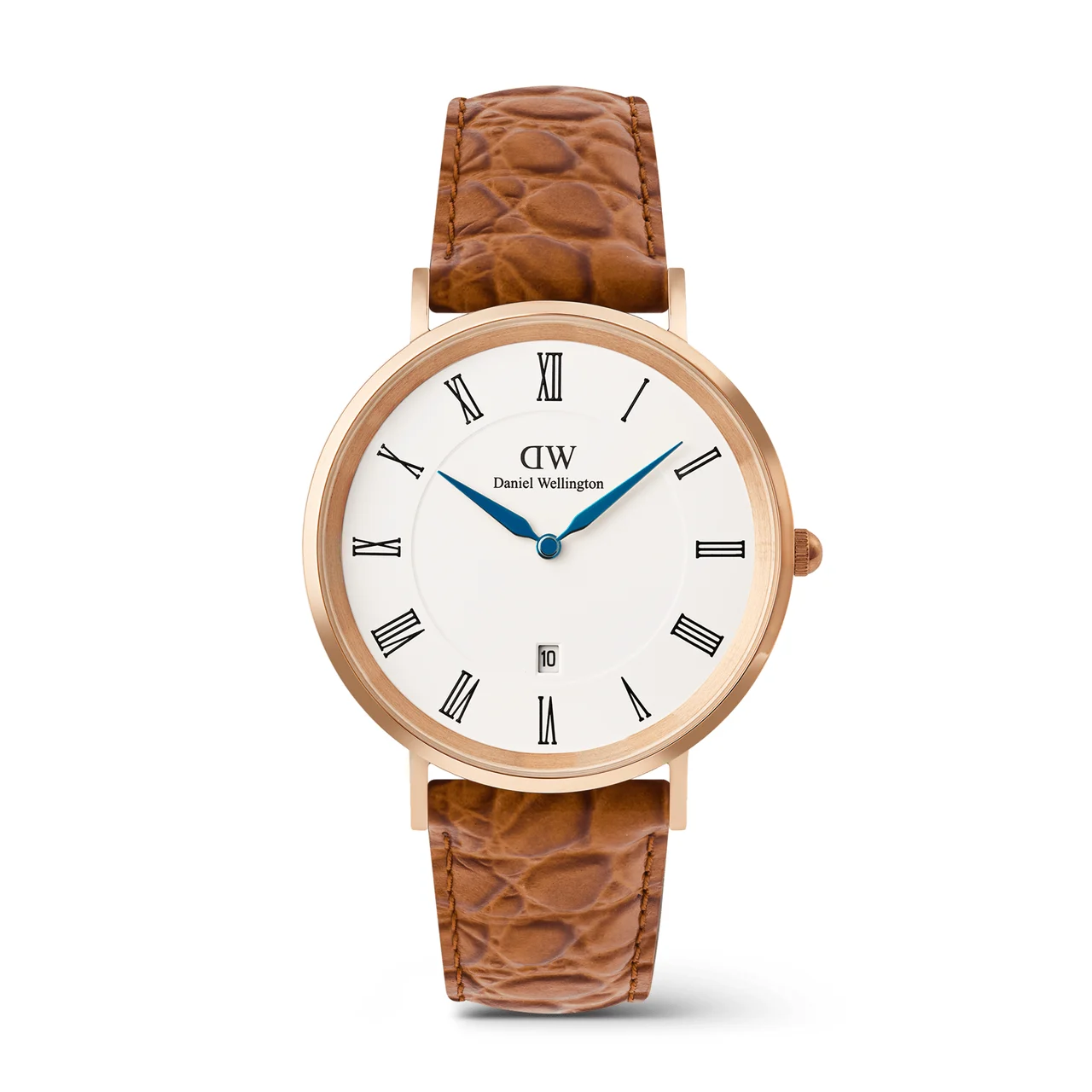 DANIEL WELLINGTON Classic Roman Numerals Date Light Brown Croc Belly Rose Gold DW00100918 kol saati