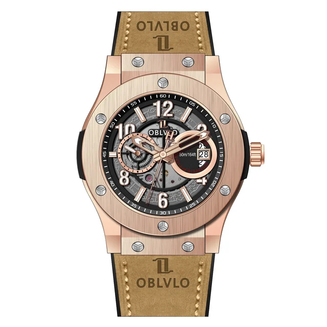 OBLVLO Leather Strap,Rose Gold Bezel,Black Dia HM Series,44mm,Brown Leather Strap,Rose Gol