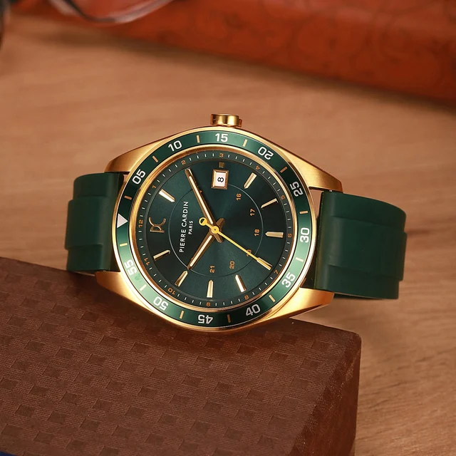 NATION Verre Men’s 42mm Sport Watch - Gold Case, Green Dial, Green Bezel with Green Silico