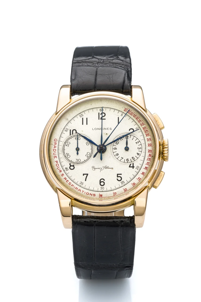 Longines LONGINES, REF. 5161, OVERSIZE CENTRAL MINUTE COUNTER CHRONOGRAPH, RETAILED BY CUERVO Y SOBRINOS, PINK GOLD A large and extremely rare, manual wind, 18k pink gold central counter chronograph with pulsation scale. kol saati