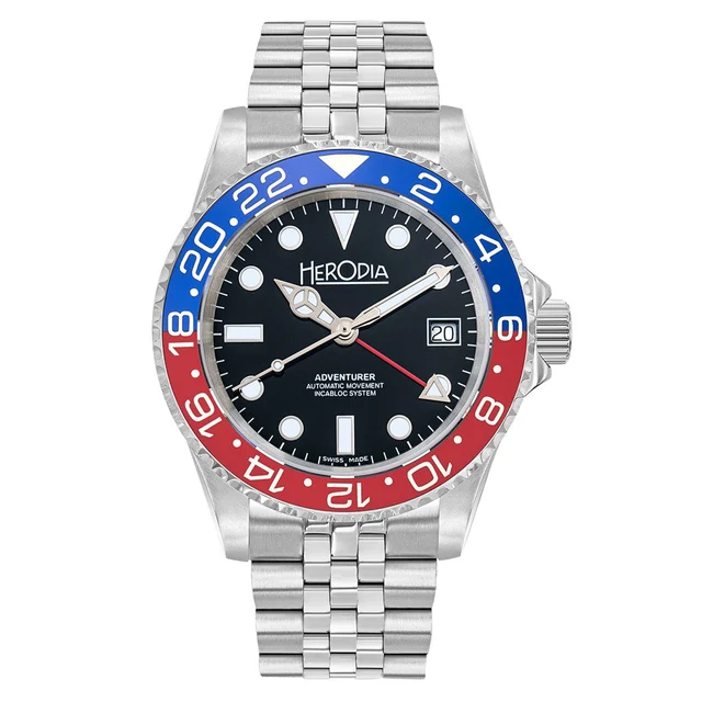 Herodia Adventurer Swiss Automatic GMT Watch with Pepsi Bezel #HADVSBLRBK.AC kol saati