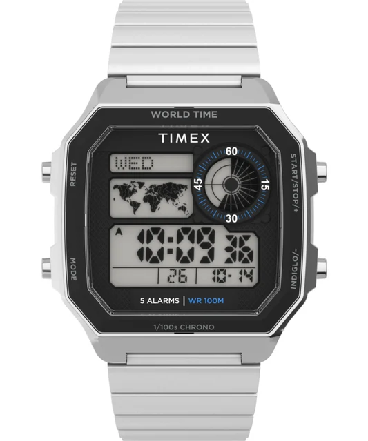 Timex World Time Digital 40mm Stainless Steel Bracelet Watch TW5M68900 kol saati