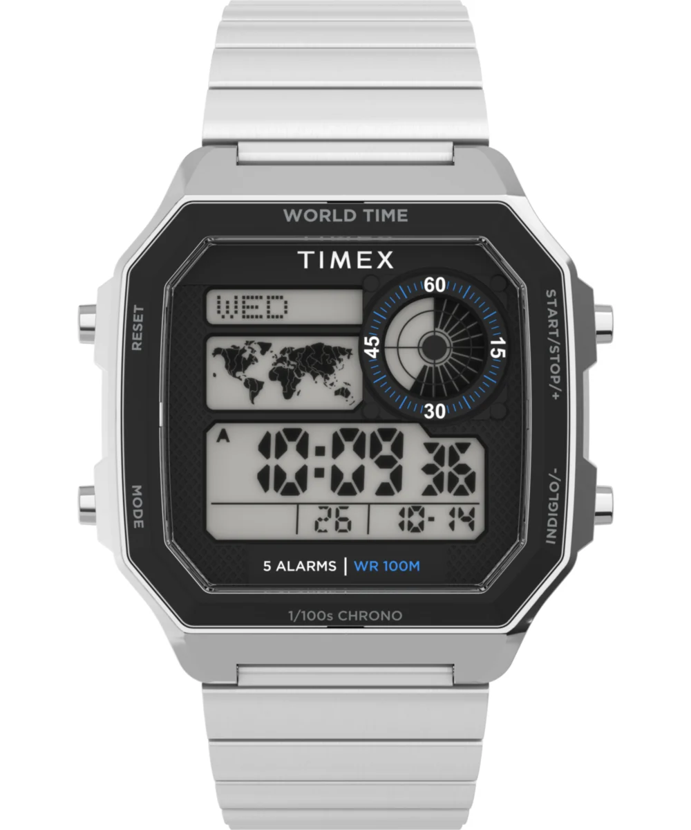 Timex World Time Digital 40mm Stainless Steel Bracelet Watch TW5M68900 40 mm kol saati