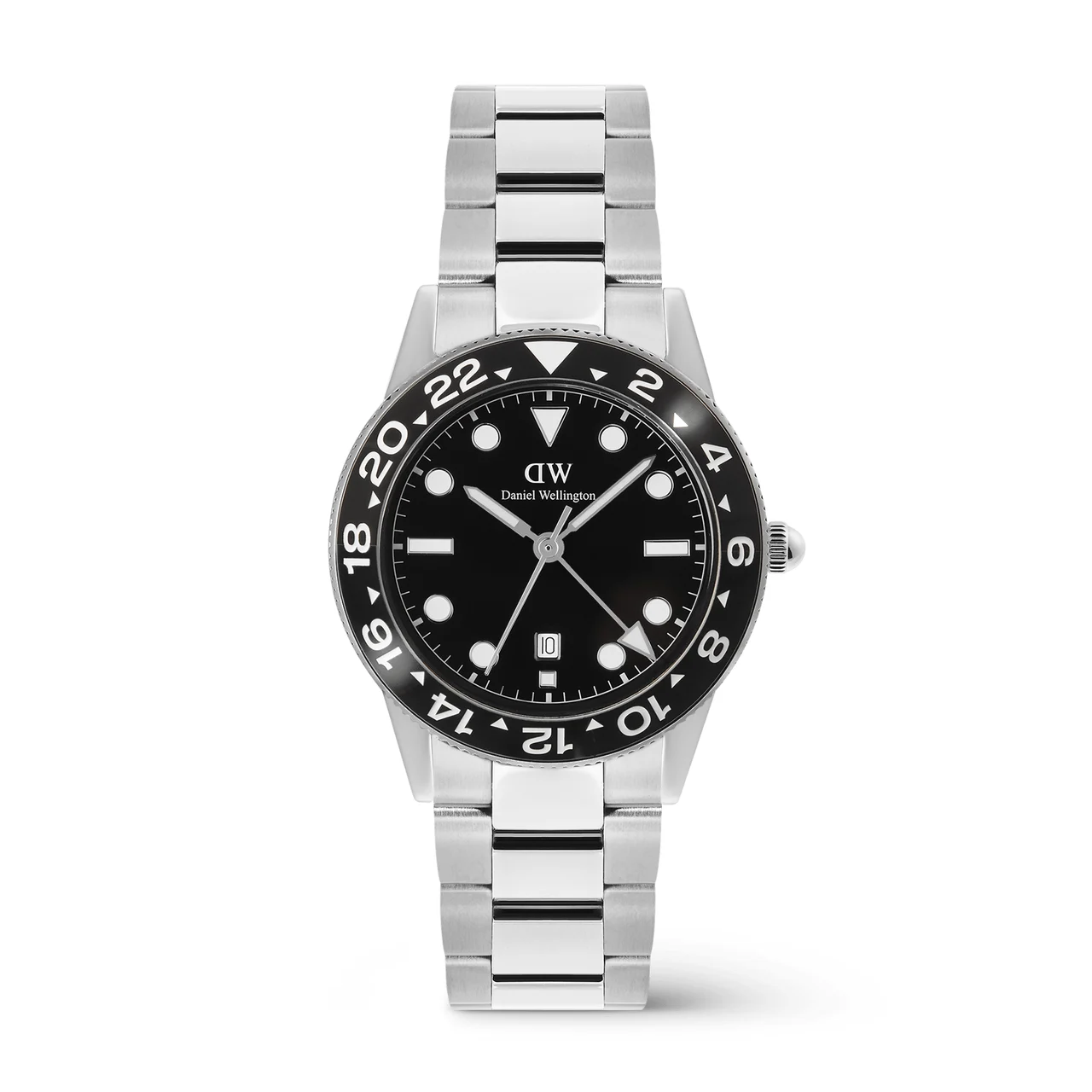 DANIEL WELLINGTON Iconic GMT Link Black Ceramic Bezel Silver DW00100919 kol saati