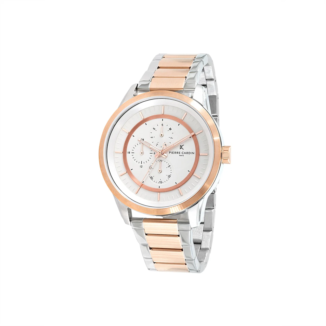 LES HALLES White Dial Two Tone Rose Gold and Silver Multifunction Watch with Metal Links Strap CCP.5013 45 mm kol saati