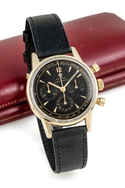 OMEGA OMEGA, REF. 2884, SEAMASTER CHRONOGRAPH, BLACK DIAL, YELLOW GOLD kol saati