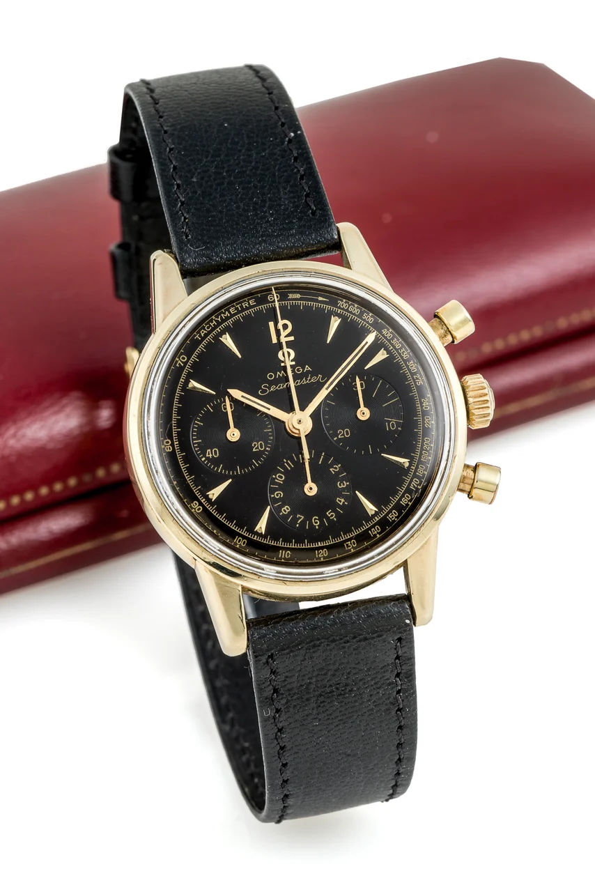 OMEGA OMEGA, REF. 2884, SEAMASTER CHRONOGRAPH, BLACK DIAL, YELLOW GOLD kol saati
