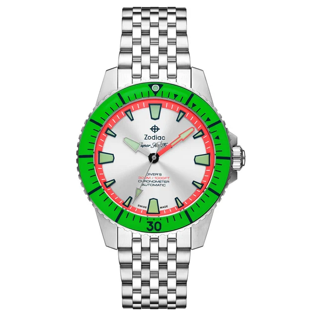 Zodiac Super Sea Wolf Pro-Diver with Silver Dial and Green Bezel #ZO3556 kol saati