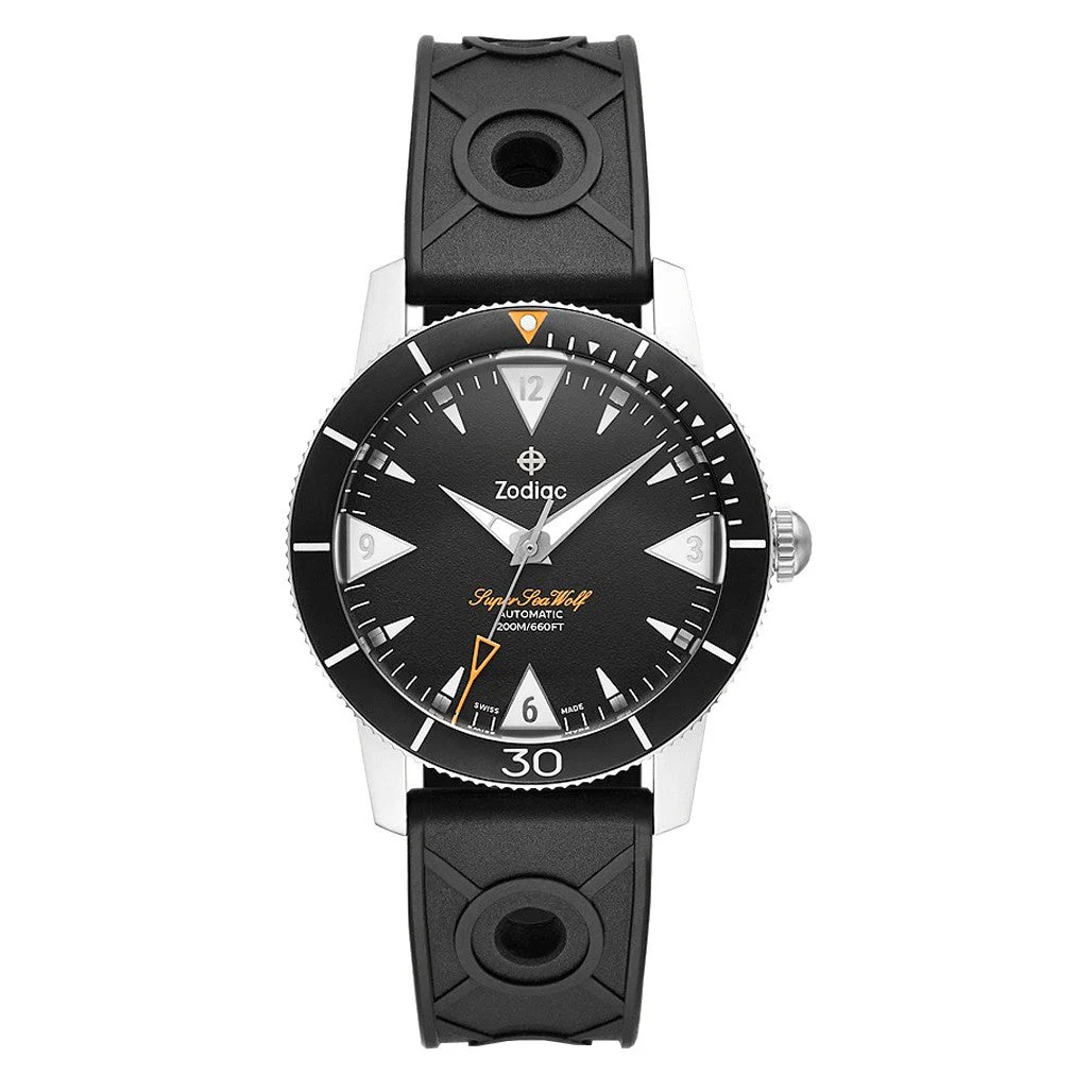 Zodiac Super Sea Wolf 53 Skin Automatic Black Rubber Watch #ZO9212 kol saati