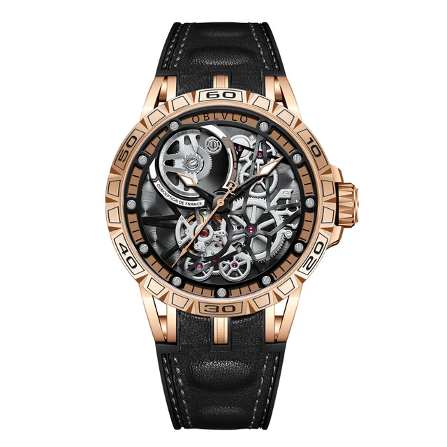 OBLVLO Gold Bezel,Black Rubber Strap,Black Dial LM Series,47mm,Rose Gold Bezel,Black Rubbe