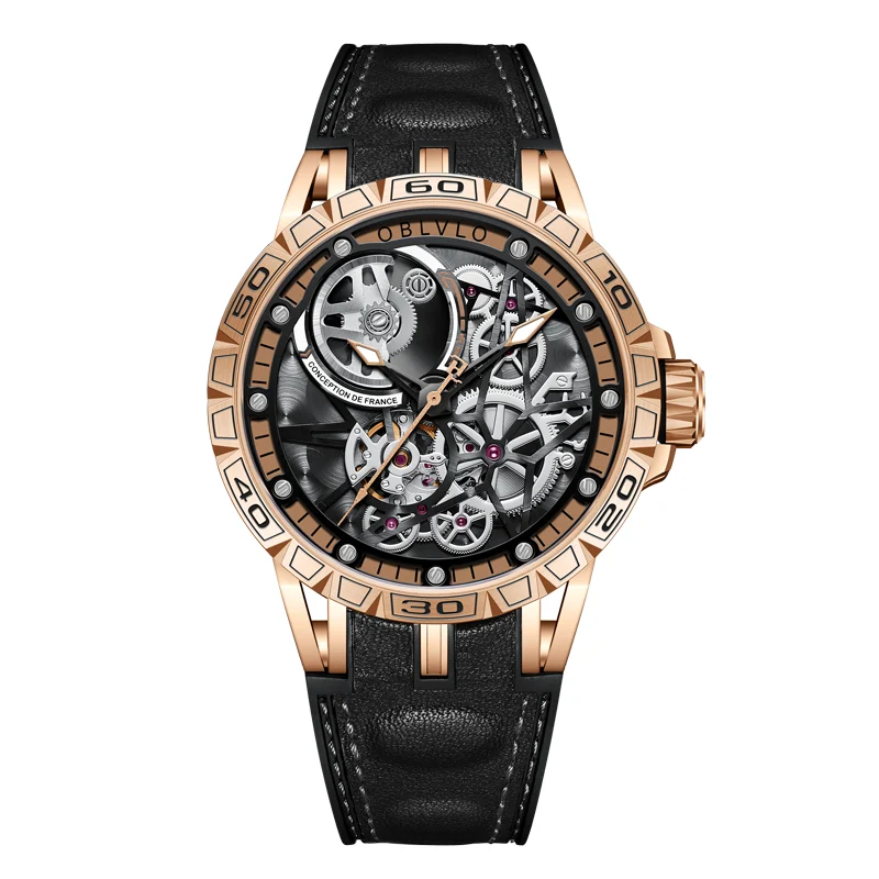 OBLVLO Gold Bezel,Black Rubber Strap,Black Dial LM Series,47mm,Rose Gold Bezel,Black Rubber Strap,Black Dial 47 mm kol saati