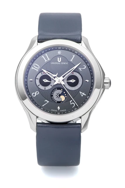 Universal Ref. 871.104, self-winding, centre-seconds, date, day, moon phases; stainless st
