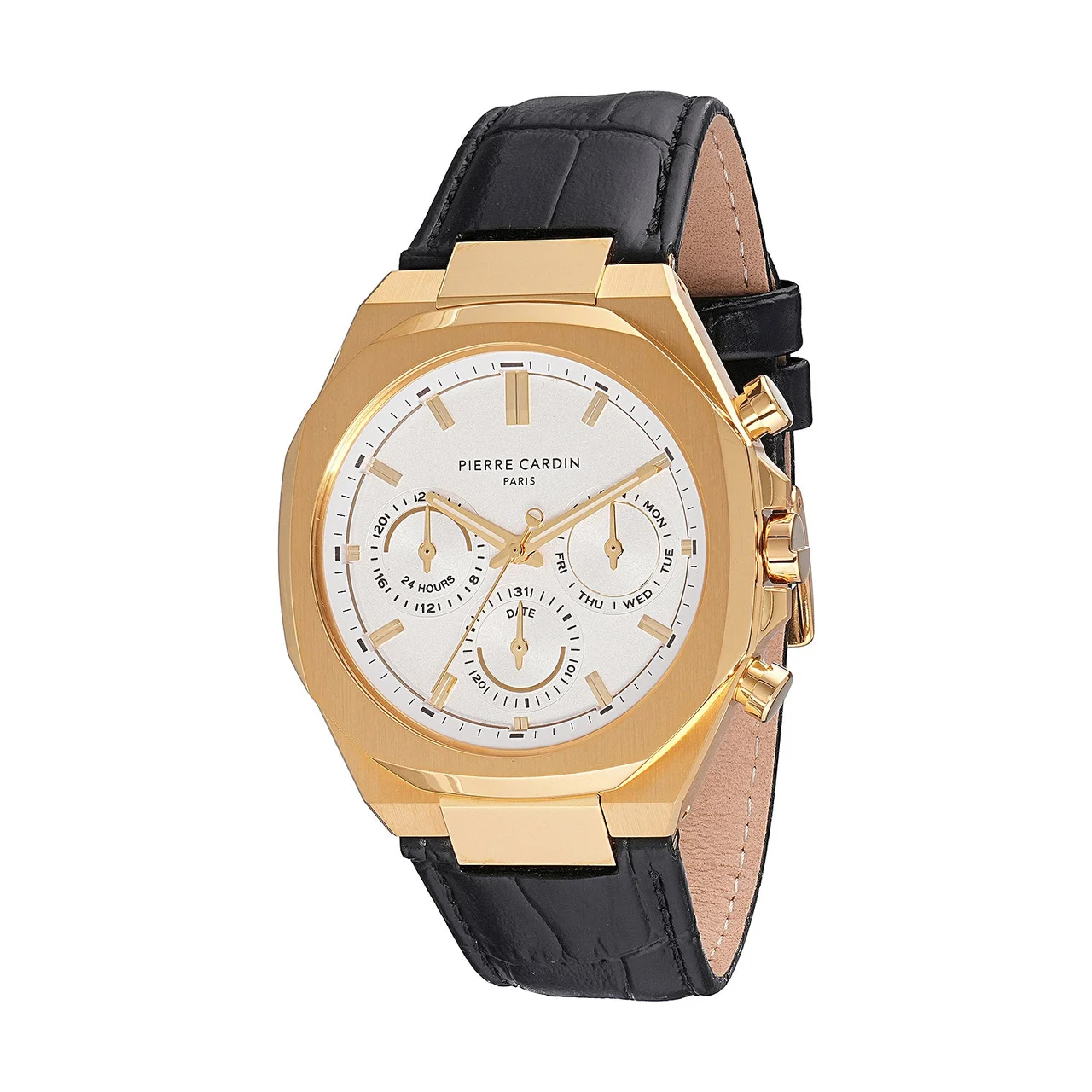 Pierre Cardin Maison 8 Vogue Men’s 42mm Gold Stainless Steel Watch - Silver White Dial with Black Leather Strap CF.1001.LB.2 42 mm kol saati